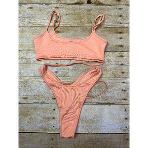 Oh Polly One Piece Asymmetrical Swimsuit in Coral Pink